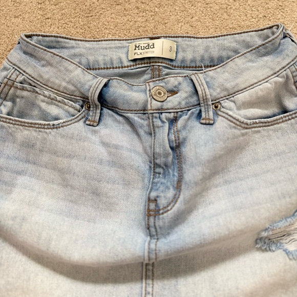 Vintage Y2K Mudd Light Blue Distressed Denim Mini Skirt Frayed Hem Flx Stretch 3 - Picture 2 of 3